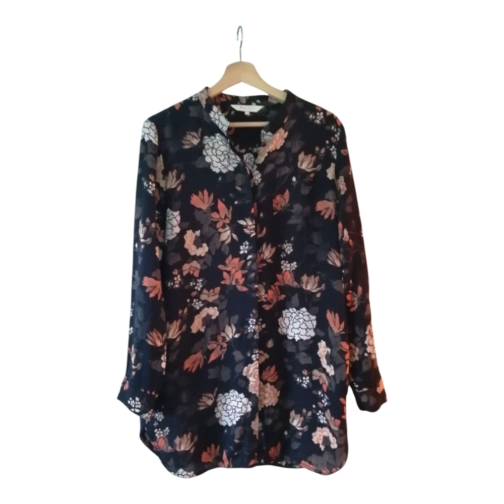 Floral Button-Up Blouse - Navy and Coral